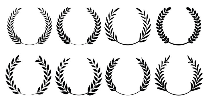 Set of circular laurel wreath. Emblem floral Greek branch of oak leaves, eucalyptus leaf, Wheat, winner award, champion medal, swirls, twigs and flower ornaments vector
