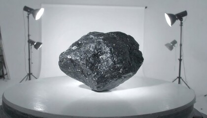 Dark, weighty rock centered on a white, rotating platform in a studio setting, lit by spotlights