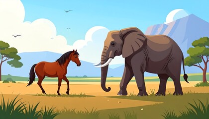 A serene savanna landscape showcases a horse and an elephant in a peaceful interaction.