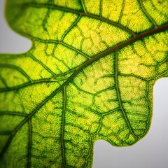 Close-up view of a vibrant green leaf, showcasing intricate vein patterns and a detailed network of capillaries.