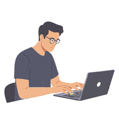 A focused young man with glasses wearing a grey t-shirt is typing on a laptop computer.