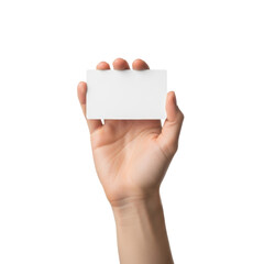 Obraz premium Light-skinned adult hand with neat nails gently holding a pristine blank white card against a seamless bright white studio background with extensive copy space, concept of a clean slate