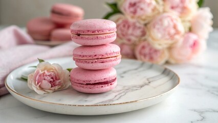 Pink macarons on a plate.