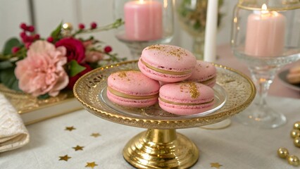 Pink macarons on a plate.