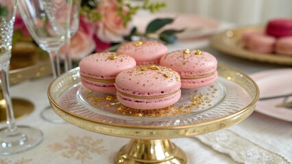 Pink macarons on a plate.