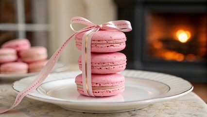 Pink macarons on a plate.