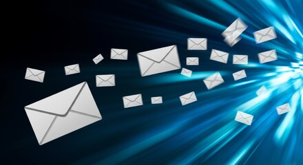 Dynamic email marketing concept with flying envelopes on a vibrant blue background