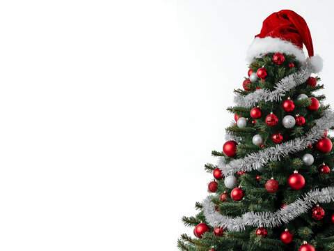 Decorated tree right frame with Santa hat, silver tinsel, red and silver baubles, wide white copy space.
