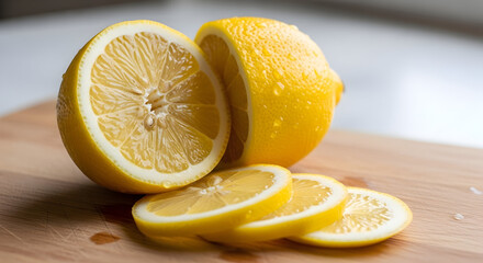 Fresh and Vibrant: A Close-Up of Lemon Slices on a Wooden Surface for Culinary Use
