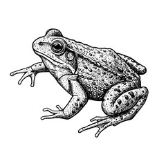 Hand-drawn frog vintage illustration in old engraving style, black sketch on white background, trendy wildlife print, unique amphibian art, retro nature artwork.