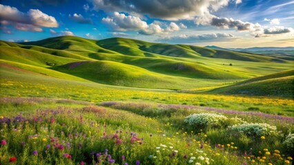 Fototapeta premium Serene Rolling Hills Landscape with Vibrant Wildflower Meadow under a Sunny Sky