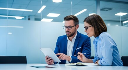 Two business people in a modern office discussing a project on a tablet computer