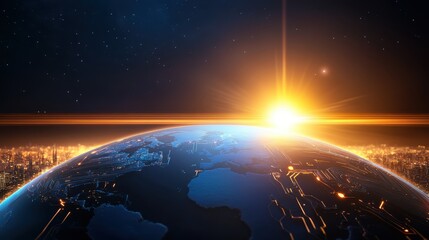 Obraz premium Stunning View of Earth with Digital Texture and Radiant Sunrise Over a Cybernetic Cityscape in Space
