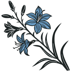 Fototapeta premium Stylized blue lily flowers and buds on a black stem