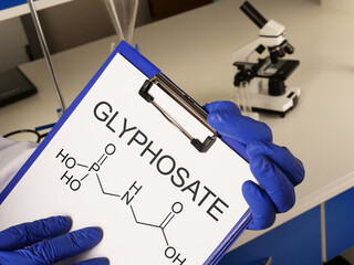 Glyphosate is shown using the text and formula. Glyphosate - molecule of non-selective systemic herbicide used for weed control