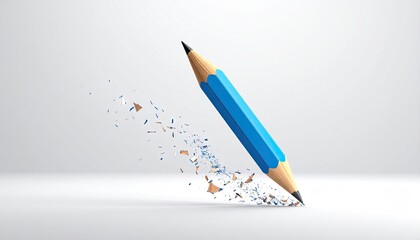 Blue Pencil Rocket Launch with Eraser Dust Trail on White Background