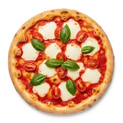 Delicious margherita pizza with fresh basil and mozzarella cheese toppings overhead view transparent background