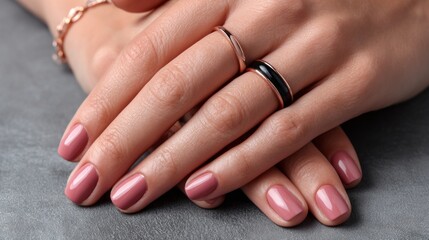 Woman's hands with pink nails, adorned with fashionable jewelry, resting on a grey surface, showing off style