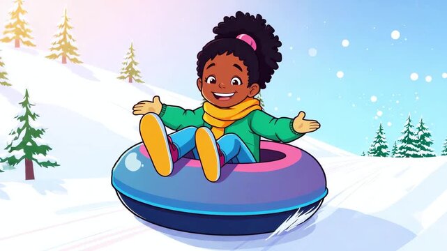 Cheerful girl rides a tubing in snowy mountains, cartoon vector style. Children's games in winter, sledding. Active winter recreation concept