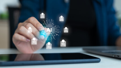 Businesswoman using tablet with artificial intelligence, AI recruitment technology, and digital HR...