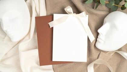 Fototapeta premium Blank Gift Card Mockup with Masks and Envelope on Linen Fabric