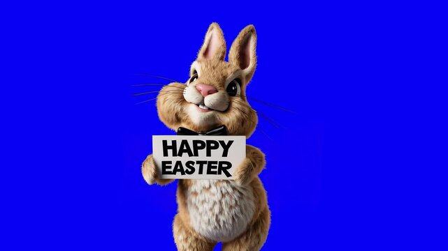3D cartoon animation of a cheerful Easter Bunny holding a sign that says &ldquo;Happy Easter&rdquo;, smiling at the camera and isolated on a vivid blue chroma key background. Great for Easter greetings, holiday m