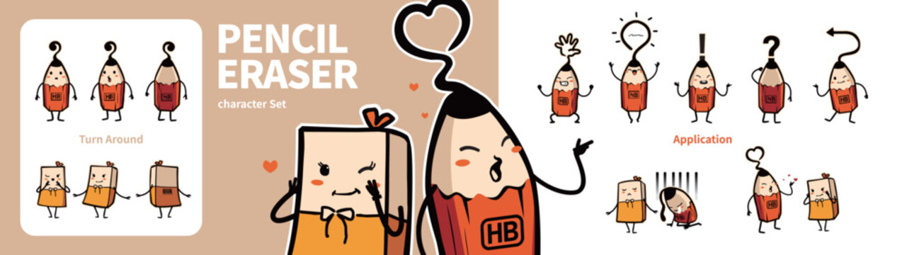 Cute Pencil and Eraser Character Illustration Set, Turnaround and Action Poses