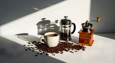 Coffee still life with a cup, coffee press, manual grinder, and beans on a white background