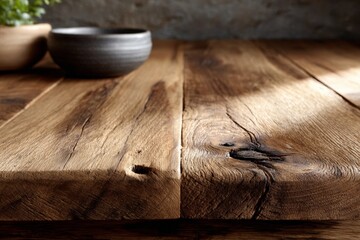 Rustic wooden table close-up with ceramic bowl on natural wood grain surface