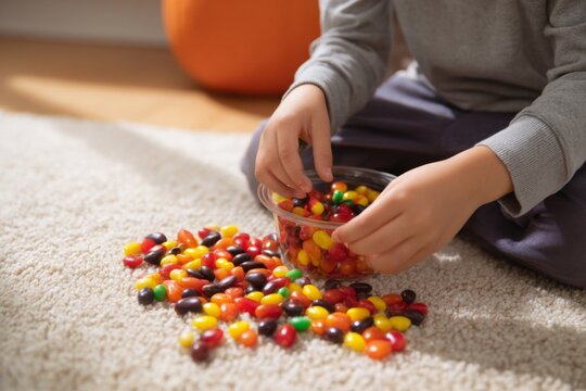 A young child sits on a soft carpet, carefully sorting vibrant jelly beans from a bowl. The cozy indoor space is filled with natural light, creating a cheerful atmosphere for playtime