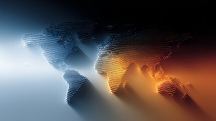 Futuristic world map with dual-colored lighting and shadow effects
