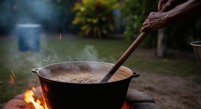 Authentic Manish Water Simmering in a Dutchie Pot Over Open Fire