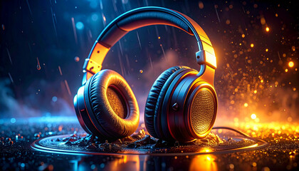 Headphones suicide prevention glow with vibrant light in rain, symbolizing hope and emotional support in dramatic night scene
