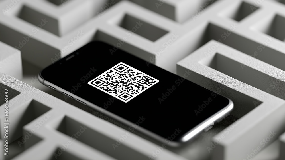 Wall mural qr code on smartphone in maze concept for digital navigation and technology