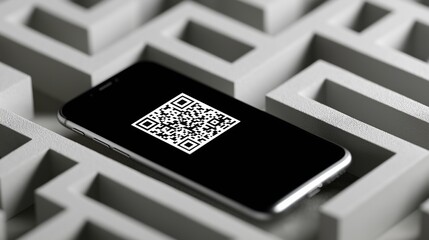 Qr code on smartphone in maze concept for digital navigation and technology