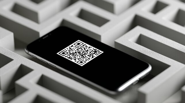 Qr code on smartphone in maze concept for digital navigation and technology