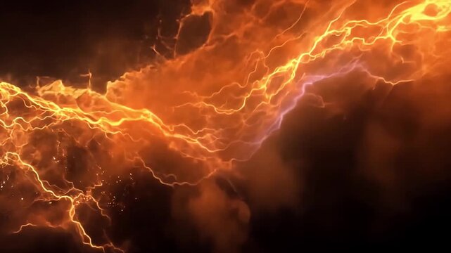 Celestial Fury: Dynamic lightning bolts streak across a fiery sky, igniting an abstract visual symphony of energy, creating a dramatic spectacle of natural power and celestial artistry.