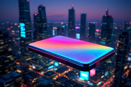 Futuristic glowing device over a neon cityscape at night