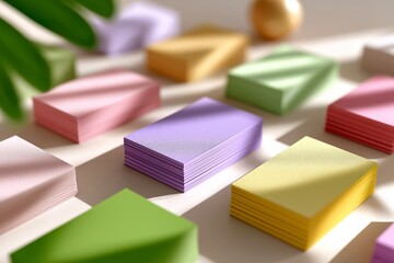 Colorful stacks of pastel paper cards in sunlit arrangement