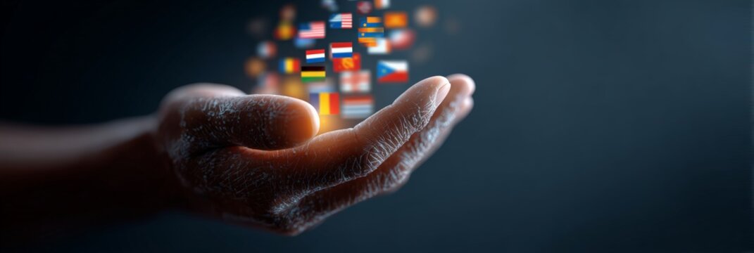 Open hand of a businessman holding glowing digital world flags, representing international business, global communication, and worldwide connections in a dark blue environment