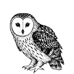 Owl in old engraving style, vintage wildlife art, black sketch bird print, trendy design, white background, nature illustration