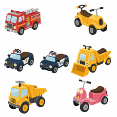 Cute Cartoon Transportation Ride Toy Vehicles Set Illustration Collection