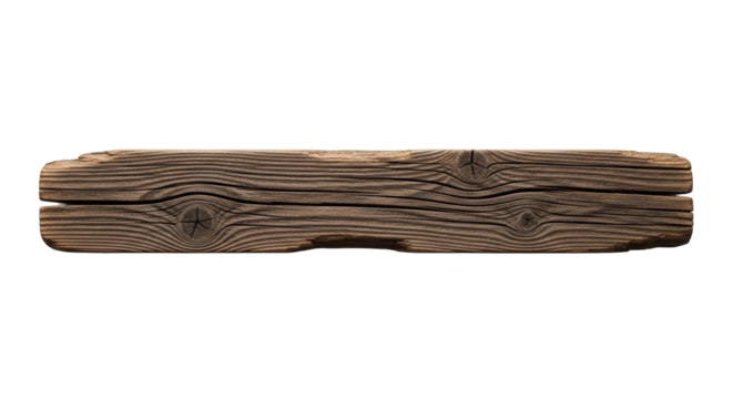 Old, dark brown, weathered horizontal wood plank with distinct grain, cracks, knots, and rough edges, isolated on a transparent background with copy space, soft lighting, rustic elegance and natural