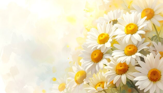 White daisies cluster in the corner against a soft yellow-white watercolor background