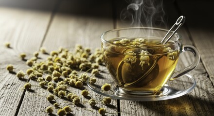 Steaming cup of golden chamomile herbal tea with dried flowers and tea infuser on a rustic wooden table, evoking warmth and relaxation.