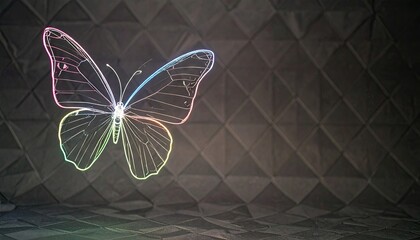Chromatic Neon Wireframe Butterfly on Dark Geometric Background