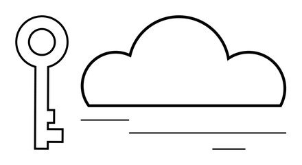 Key outline next to a cloud, representing data encryption, access management, and cloud security. Ideal for cybersecurity, cloud technology, digital protection, online privacy, data storage network