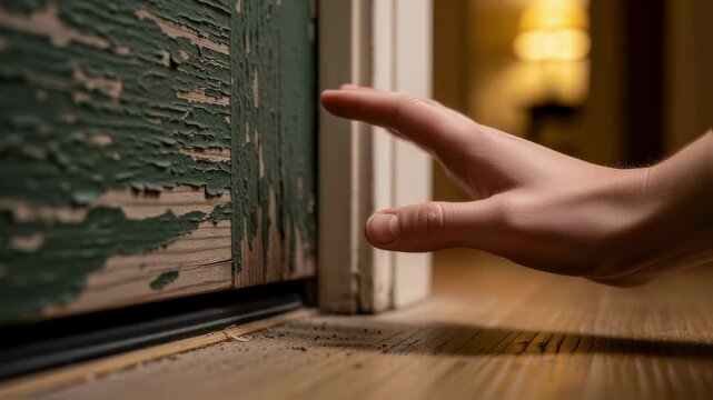 Demonstration of testing draftproofing by feeling airflow reduction after adding a door bottom seal on an aged exterior door.