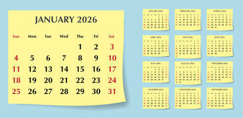 2026 calendar with yellow stickers. A vector collection of English pages. Design with Sunday start