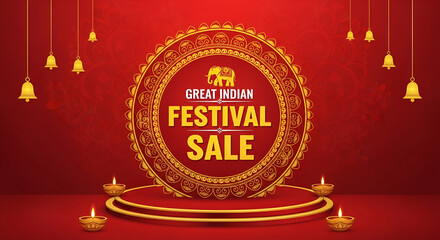 Festive background with Podium for Navratri, Durga puja, dussehra dhanteras diwali sale, offer deal. Golden stage, luxury vintage, template, ornament, diya, lights lantern sparkle and crackers design.